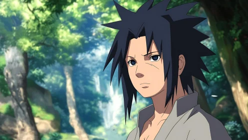 Anime character portrait uses sharp cel shading against forest bokeh