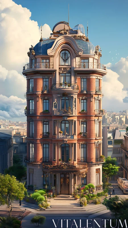 Ornate corner townhouse rises above sunlit city plaza