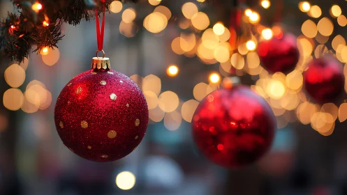 Shimmering red baubles glow softly amid warm festive lights