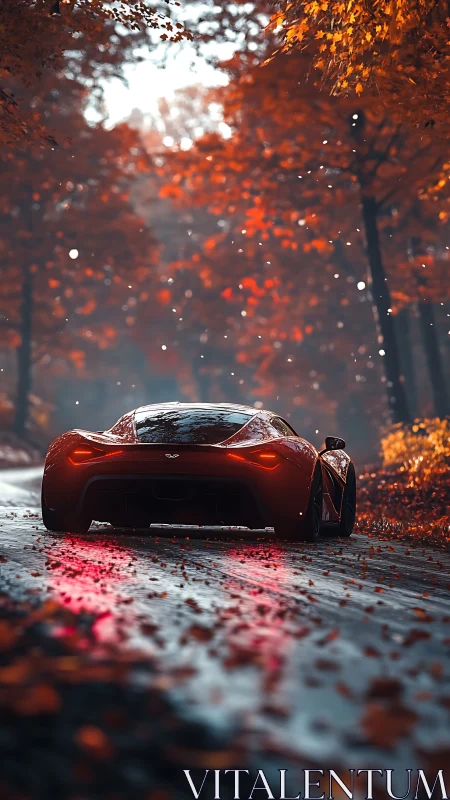 Crimson supercar glides through a glowing autumn forest road
