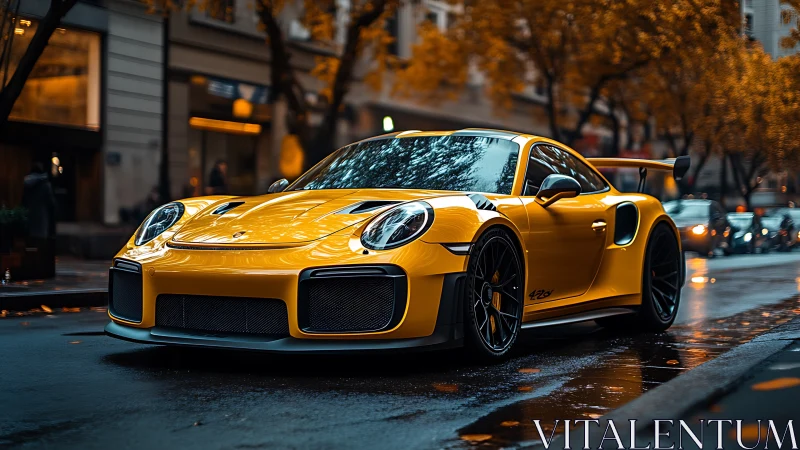 Yellow track-spec coupe on wet urban boulevard at dusk.