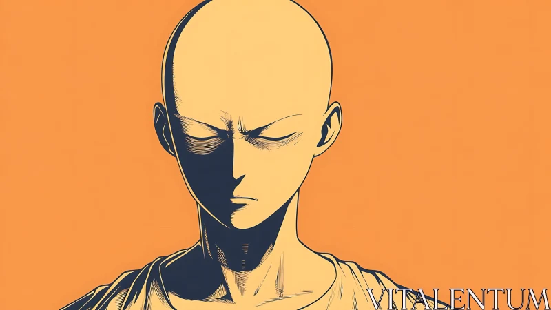 Bald stylized character is depicted in centered frontal portrait