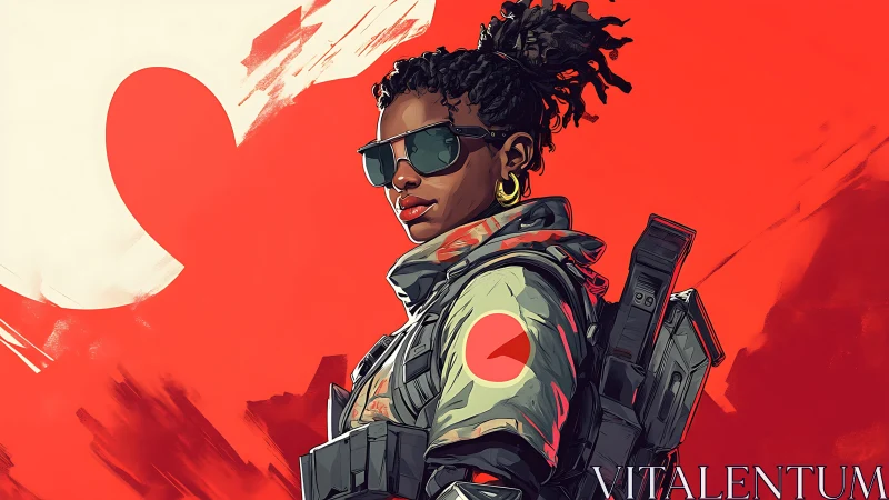 Tactical character portrait against red abstract field.