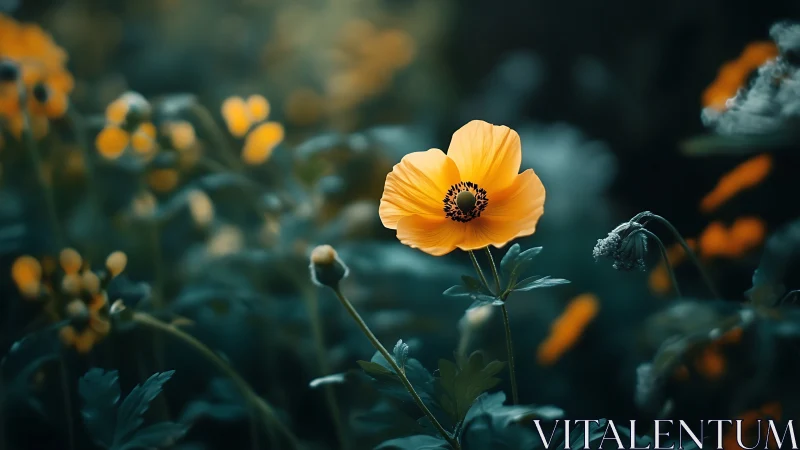 Golden anemone flower blooms brightly against deep teal foliage
