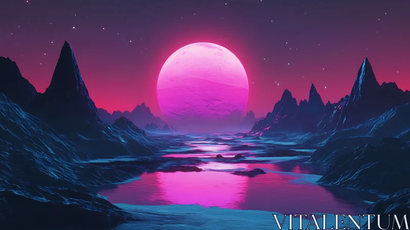 Neon alien landscape under large glowing pink moon.