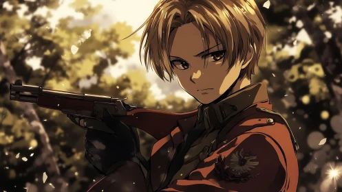 Autumn standoff with a calm, determined anime guardian.