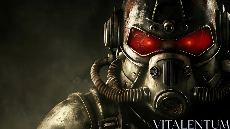 Armored helmet close-up with red visor and breathing tubes.