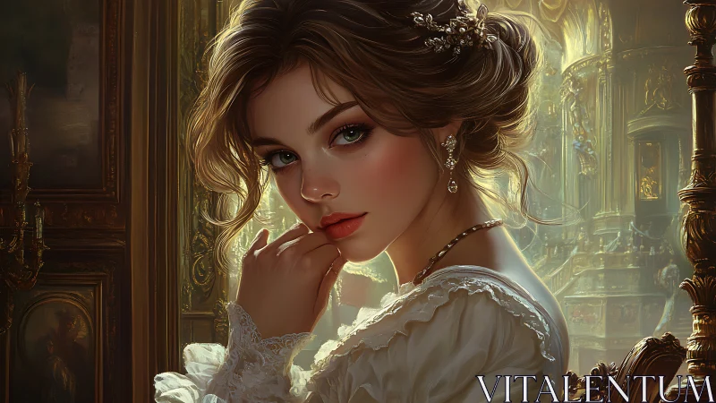 Regal young woman in ornate palace interior portrait.