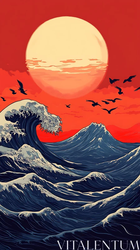 Crimson sky over stylized dark waves and distant sun.