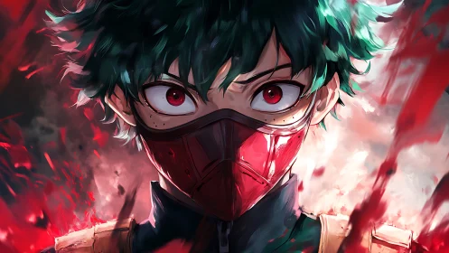 Masked hero in crimson storm, eyes blazing with resolve.