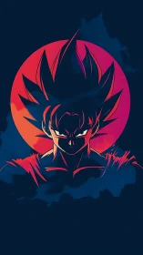 Bold anime warrior silhouette against red sun circle
