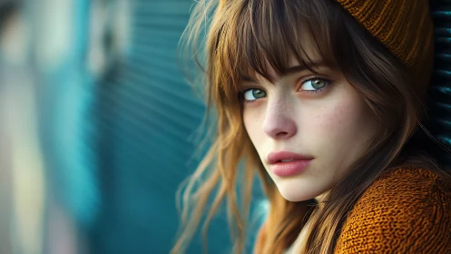 Portrait of young woman in autumn knitwear, shallow depth
