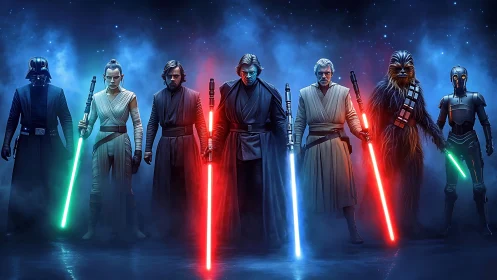 Iconic sci‑fi warriors aligned with glowing neon lightsabers.