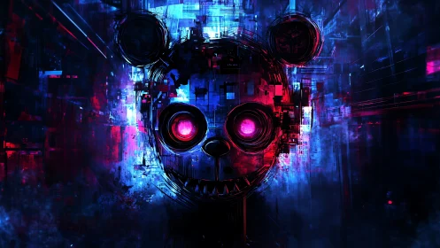 Glowing cybernetic bear skull amid neon glitch architecture