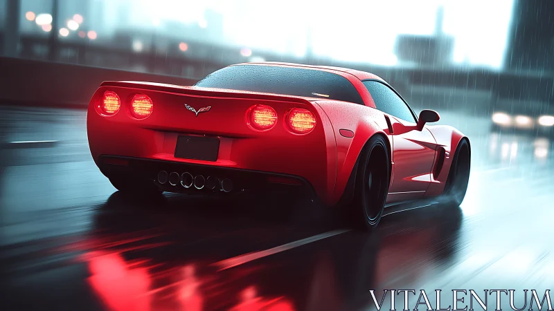 Red sports car cuts through rainy neon city highway.