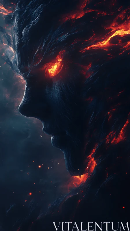 Lava-forged elemental face glowing through darkened void.