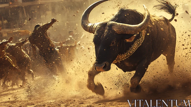 Powerful bull charging through swirling golden dust and chaos.