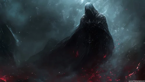 Mysterious cloaked figure rising from a glowing shadowed mist.