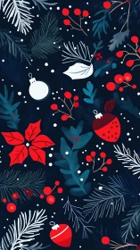 Midnight holly tangle with bright berries and baubles.