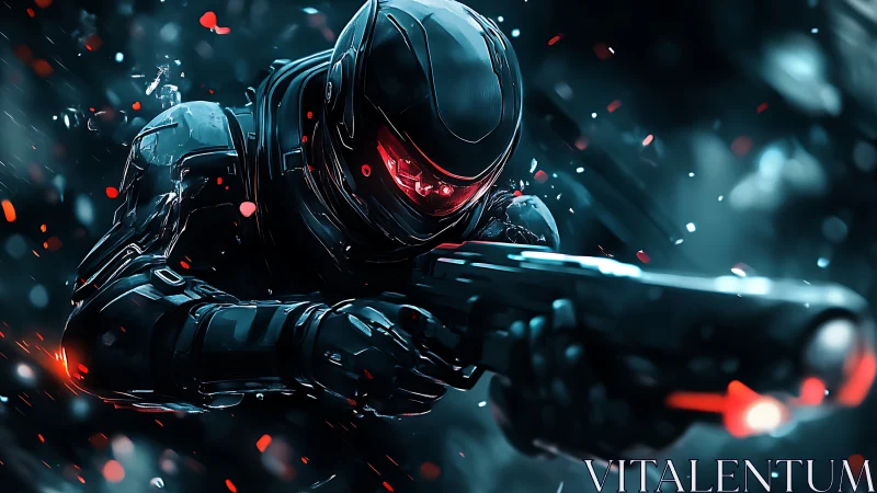 Neon-eyed cyber soldier lunges through ember-lit darkness.