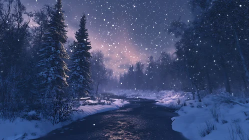 Nocturnal winter river under snowfall with dense conifer forest