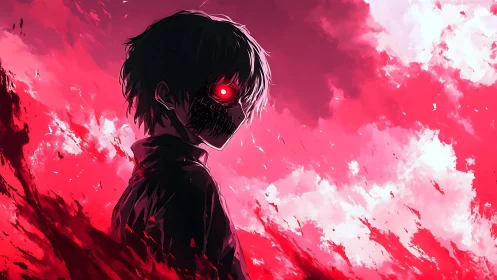 Anime horror portrait with crimson atmospheric backlighting.