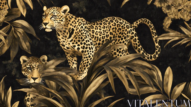 Spotted Leopards in Golden Foliage Against Black.