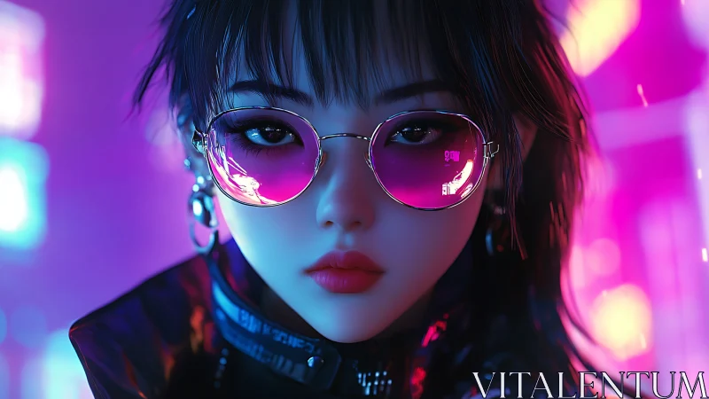 Neon-lit cyberpunk portrait with reflective magenta lenses and bokeh