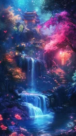 Moonlit waterfall sanctuary beneath a glowing dream sky.