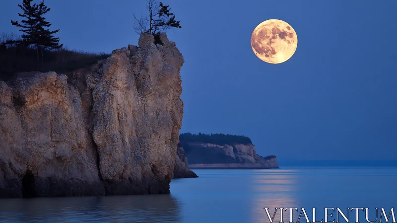Golden full moon rises over tranquil ocean cliffside