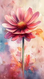 Pink Cosmos Bloom Rendered in Watercolor Expressionism.