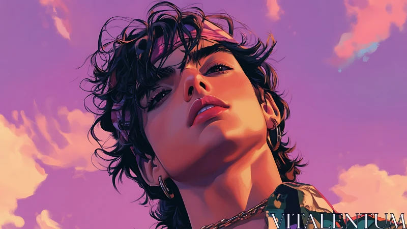 Vibrant low-angle portrait under neon dusk sky in digital style.