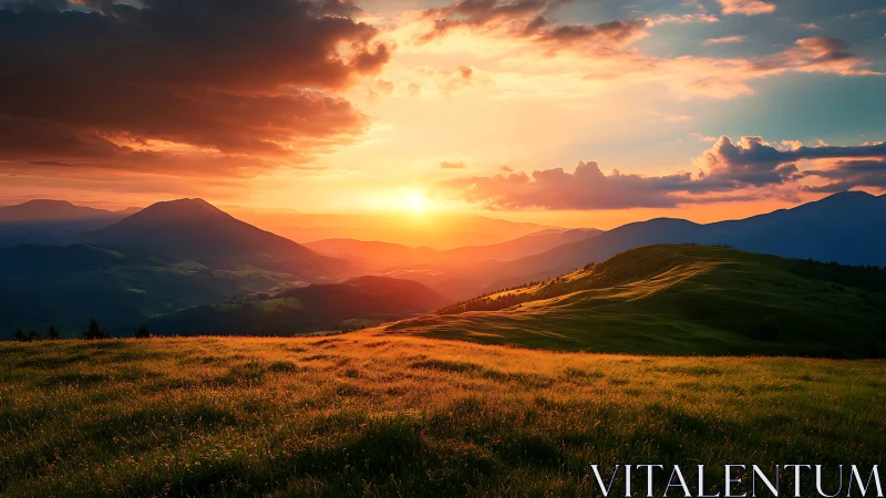 Sunlit mountain meadow glows under a dramatic sunset sky.