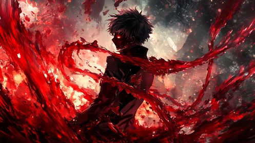 Hemokinetic anime silhouette amid turbulent crimson vortices.