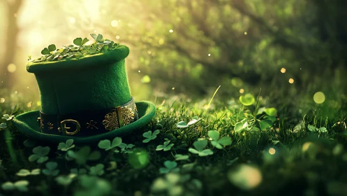 Sunlit shamrock hat resting softly in a dreamy green glade.