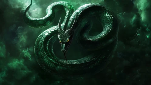 Serpentine sky dragon curling through stormy emerald night.