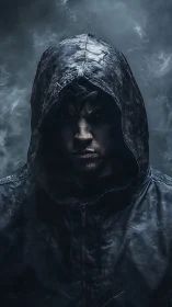 Hooded male figure stands in low key, smoke filled portrait