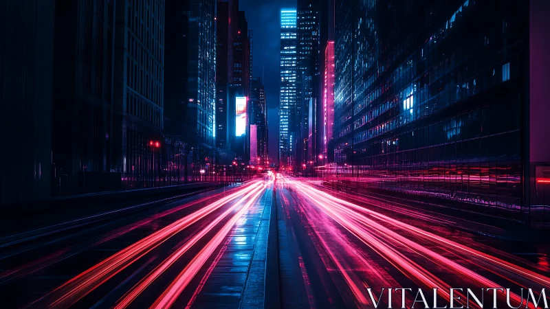 Neon light trails slicing through futuristic city nightscape.
