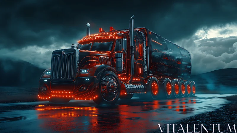 Futuristic neon semi-truck blazes across wet highway at night.