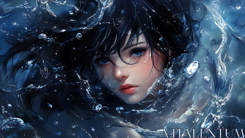 Female face immersed in dynamic blue water with droplets.