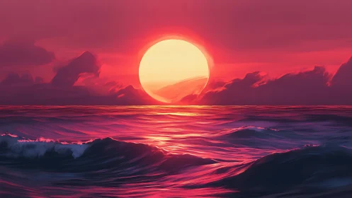 Radiant pink sunset gently melts into glowing ocean waves