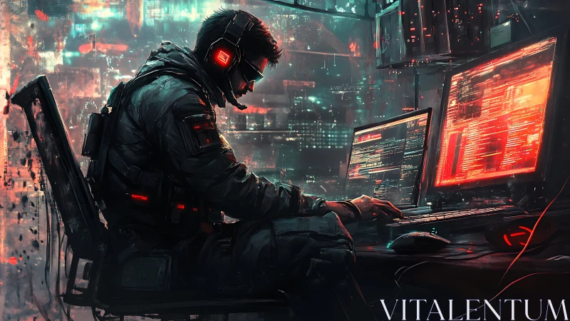 Hooded operator at dual monitors in neon cyber workspace.