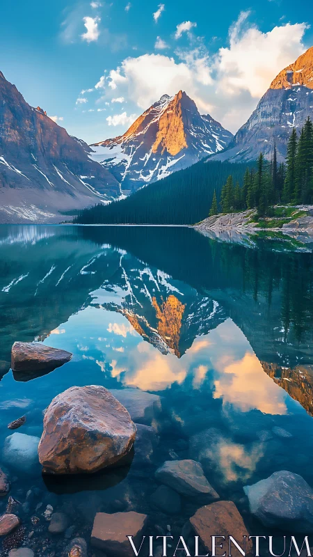 Golden alpine peak reflects in a tranquil turquoise lake at dawn