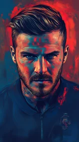 Intense male portrait rendered in neon duotone digital strokes