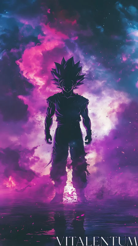 Celestial warrior silhouette in neon cosmic vapor composition.