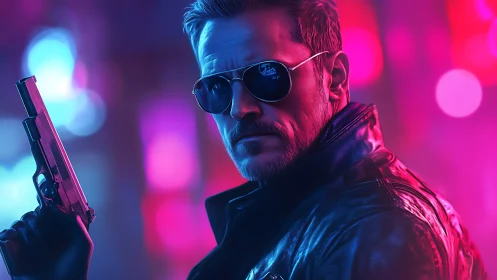 Male figure with handgun in neon urban environment at night.