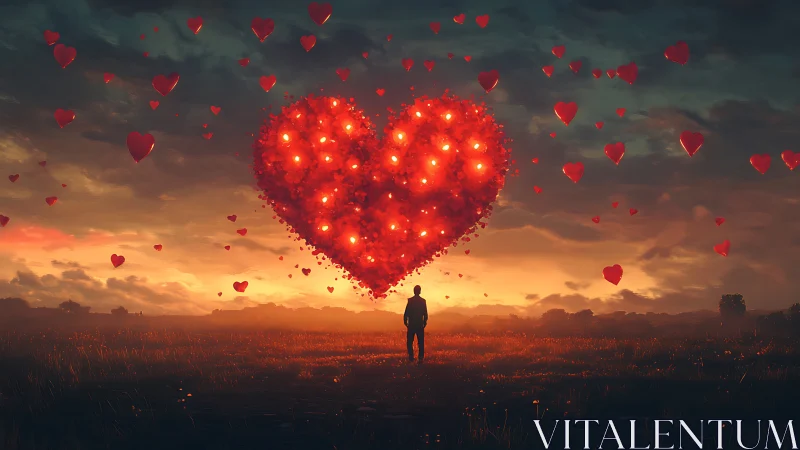 Solitary Figure Observes Luminous Heart Formation Against Sunset Sky