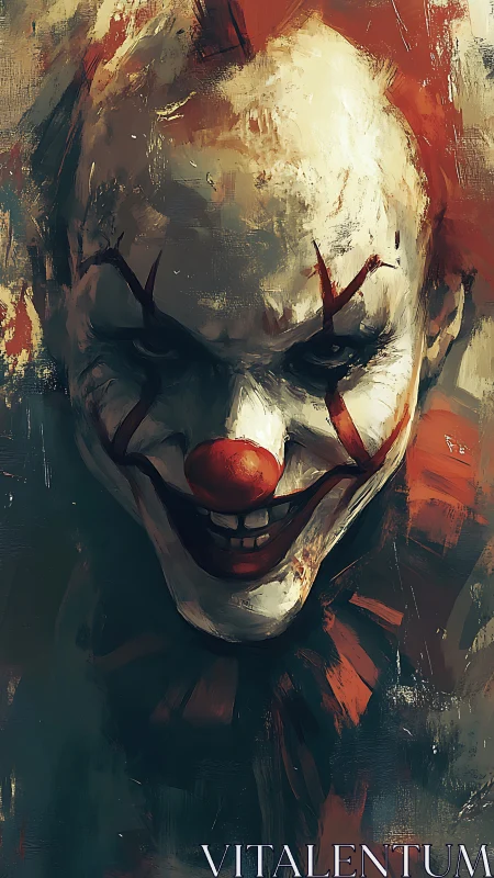 Sinister horror clown portrait with intense painted glare.