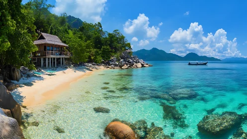 Tropical Beachfront Villa Architecture with Turquoise Waters.
