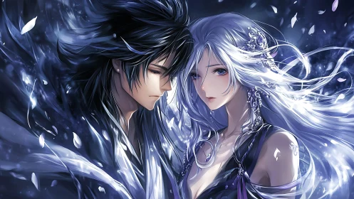 Two anime characters stand close with flowing luminous hair